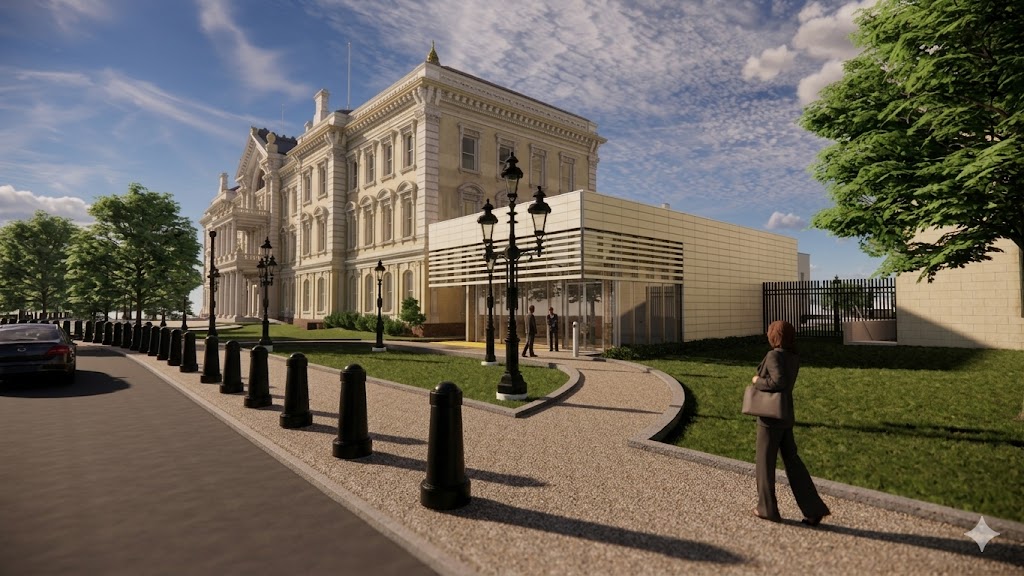 New Jersey Statehouse entry pavilion, street-level perspective with figure